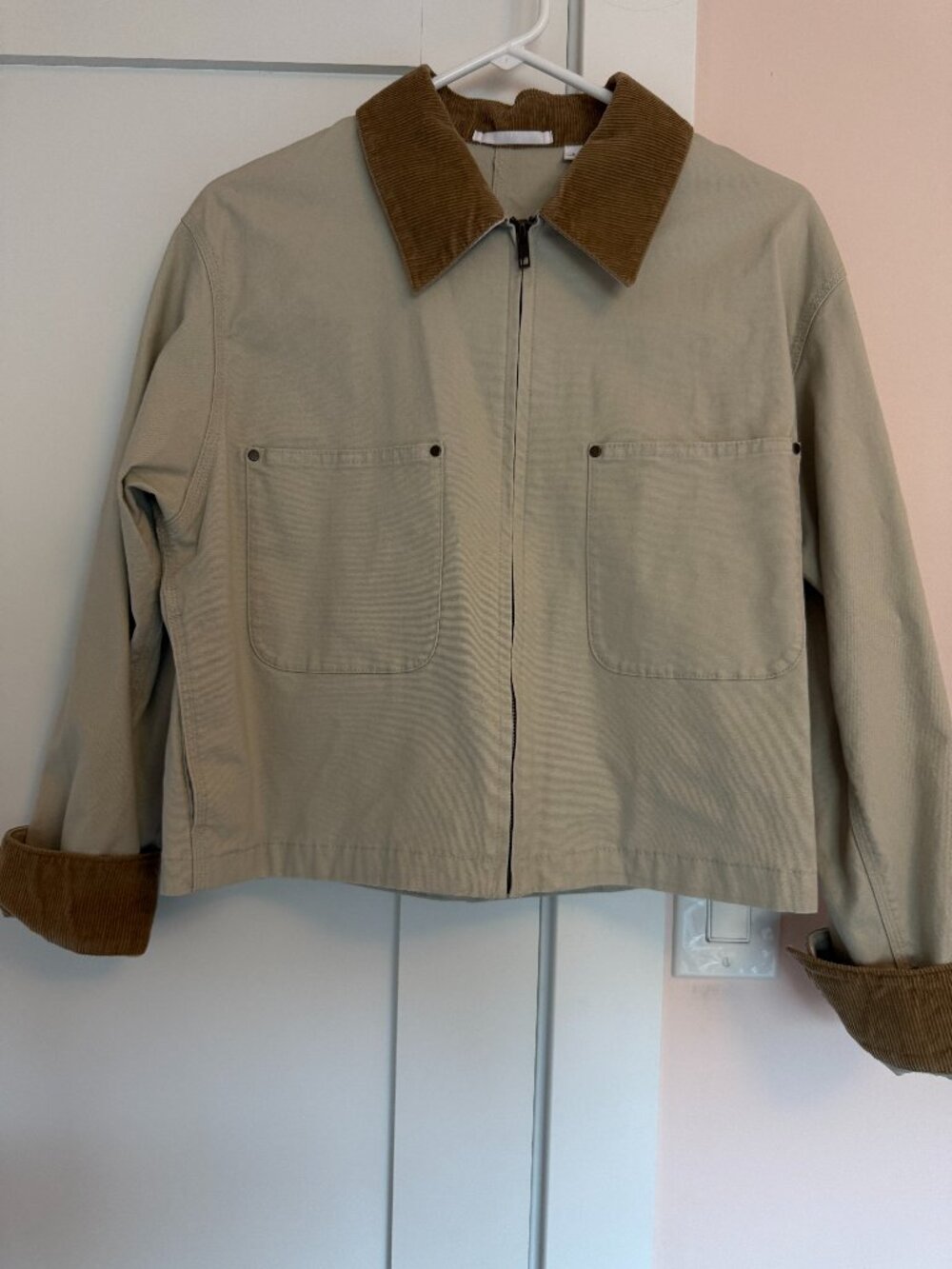 Uniqlo Beige Utility Jacket with Brown Corduroy Collar